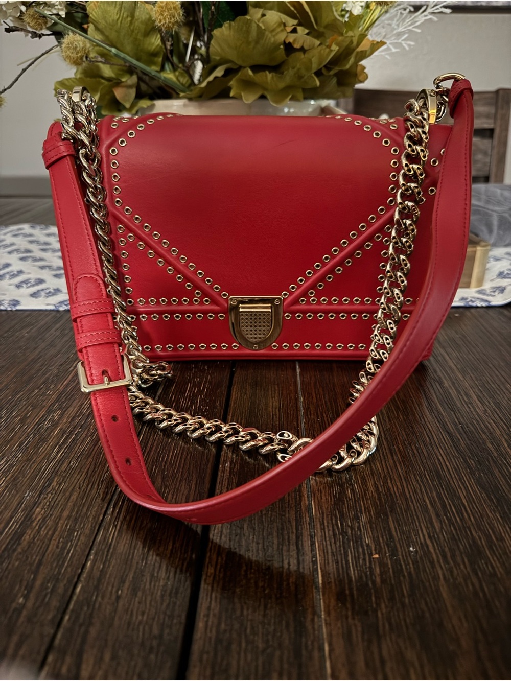 Dior Red Studded Leather Shoulder Bag with Chain Strap